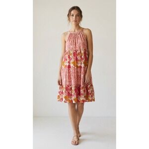 Carolina K Pink Floral Celestial Tiered Halter Midi Dress Womens Large Boho